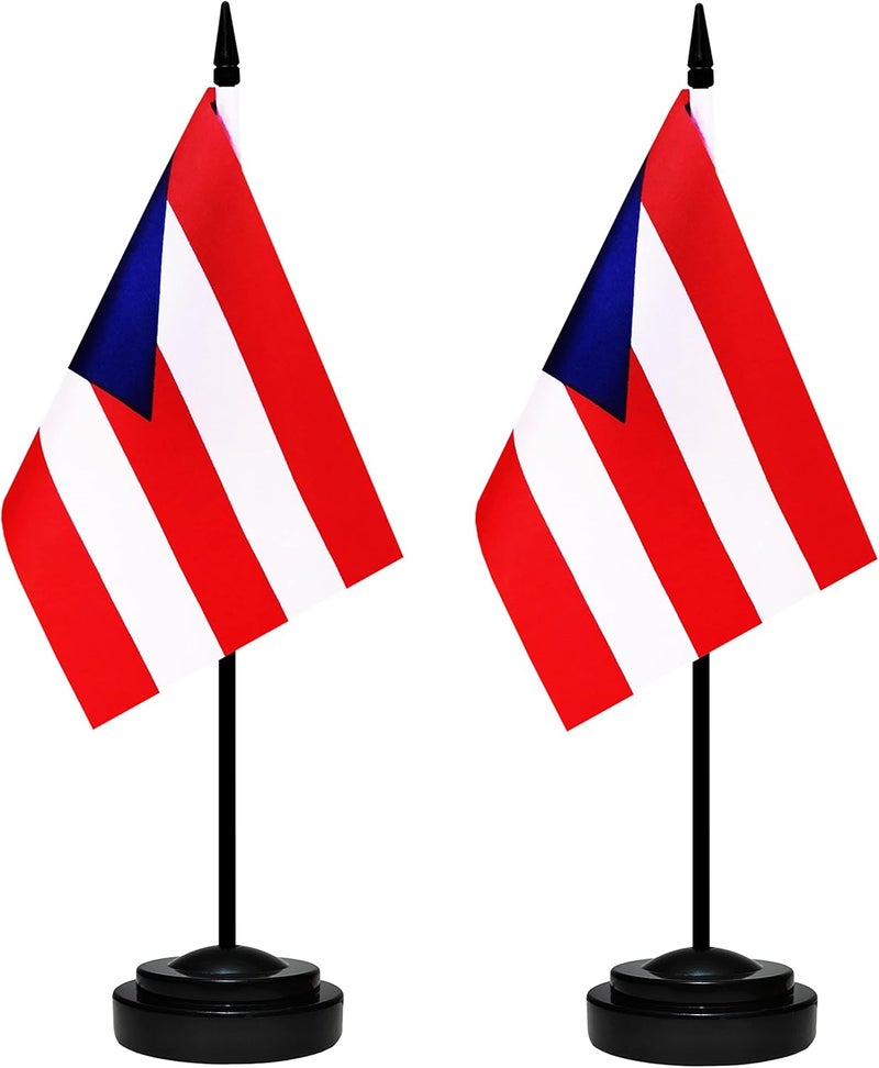 BCLin Puerto Rico Desk Flag Set, 2 Pack Puerto Rican Table Office Flags, Small Mini Desktop Flag With 12" Solid Black Pole, Black Base, Miniature Desktop Flag - Image 1